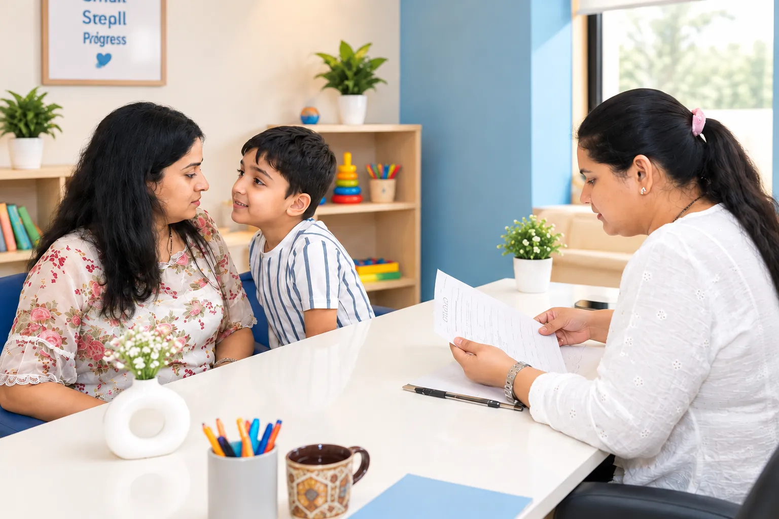 A therapist talking a parent through their child's progress.